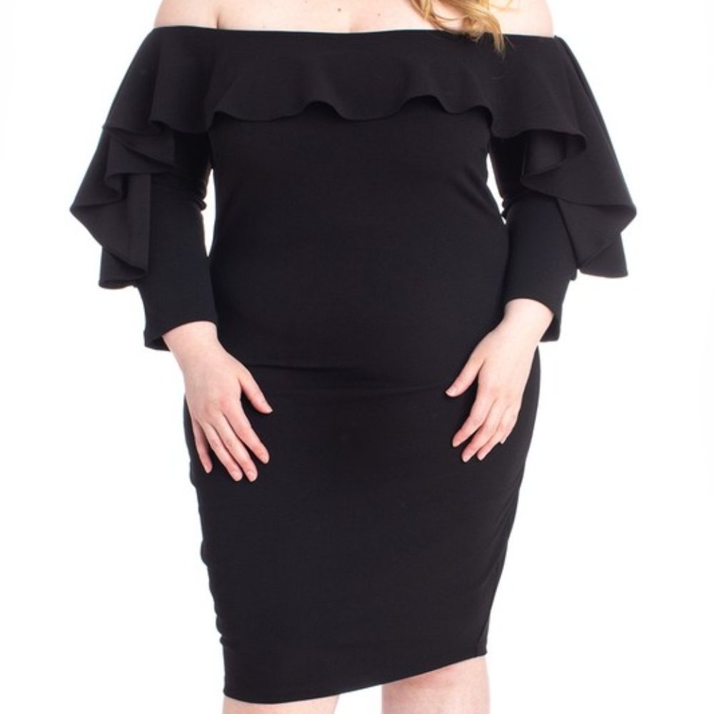 Black Ruffle Off Shoulder Bodycon Dress - Picture 3 of 6